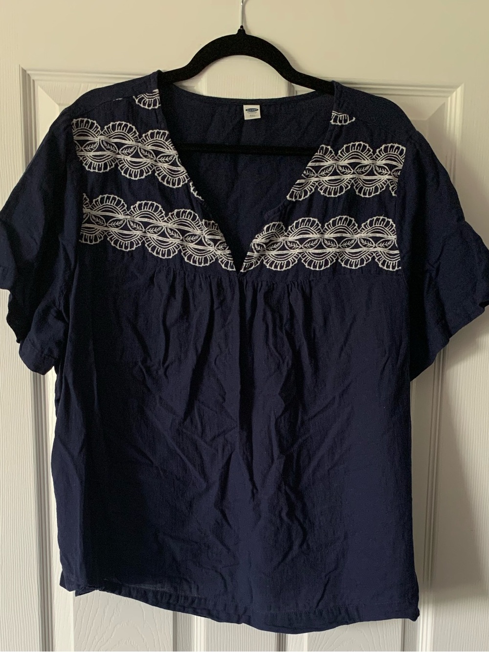 Old Navy Navy Top with White Embroidered Yoke